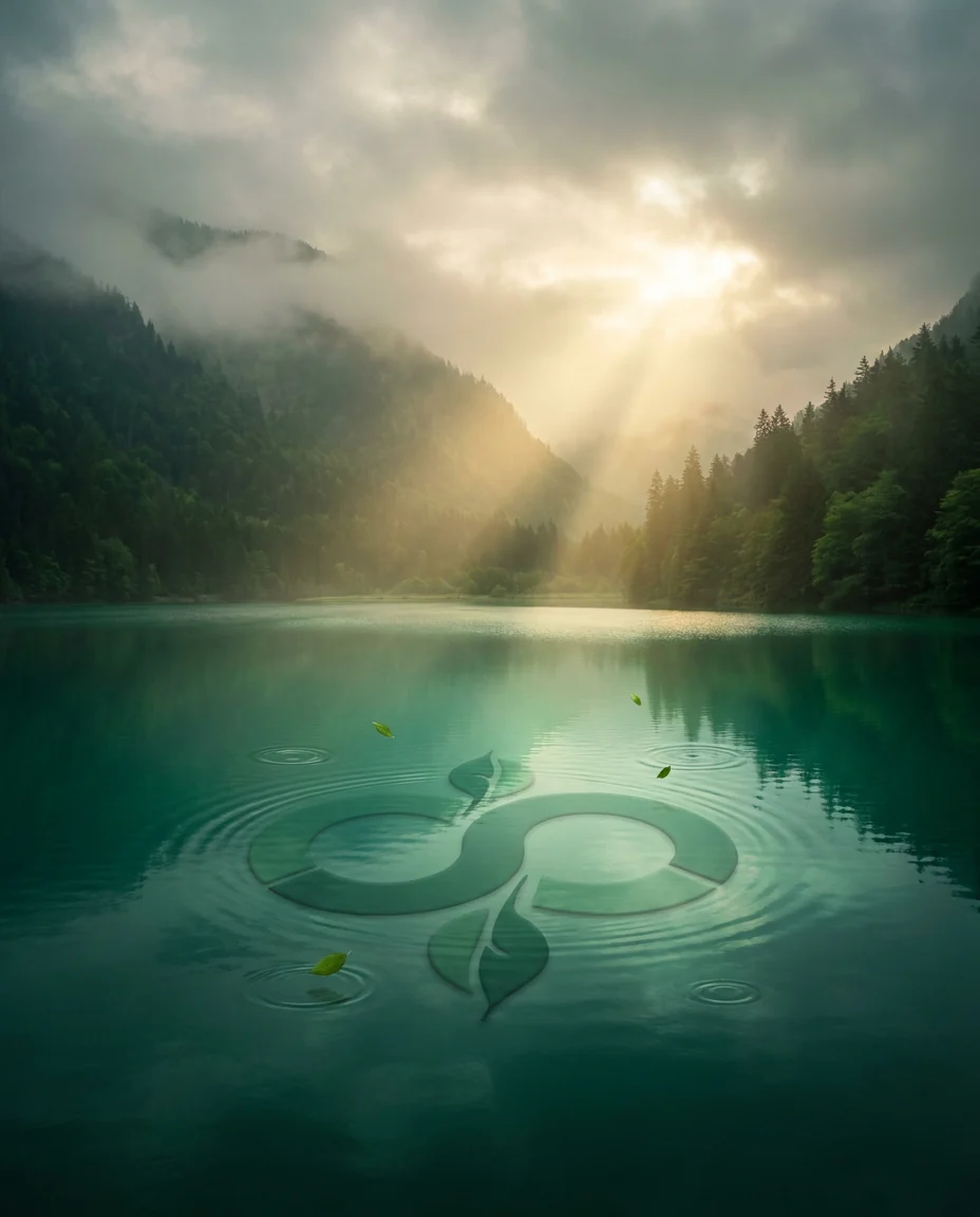 Calm lake surrounded by forest at sunrise